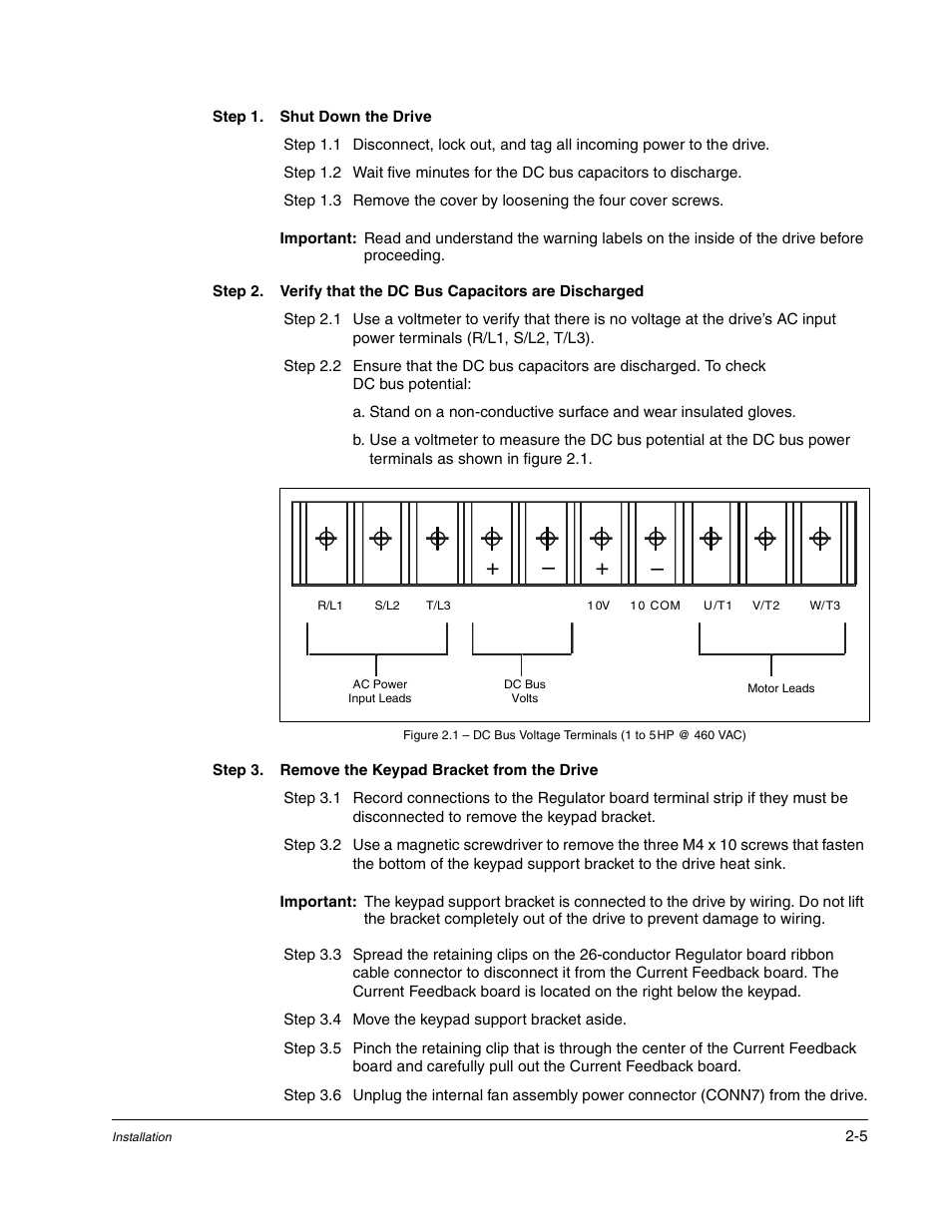 Step 1. shut down the drive, Step 3. remove the keypad bracket from the drive, Step 3.4 move the keypad support bracket aside | Rockwell Automation GV3000/SE AC Drive ControlNet Network Communication Board, M/N 2CN3000 User Manual | Page 17 / 108