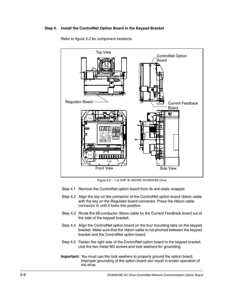 Refer to figure 2.2 for component locations, Side view, Figure 2.2 - 1 to 5 hp @ 460 vac gv3000/se drive | Rockwell Automation GV3000/SE AC Drive ControlNet Network Communication Board, M/N 2CN3000 User Manual | Page 18 / 108