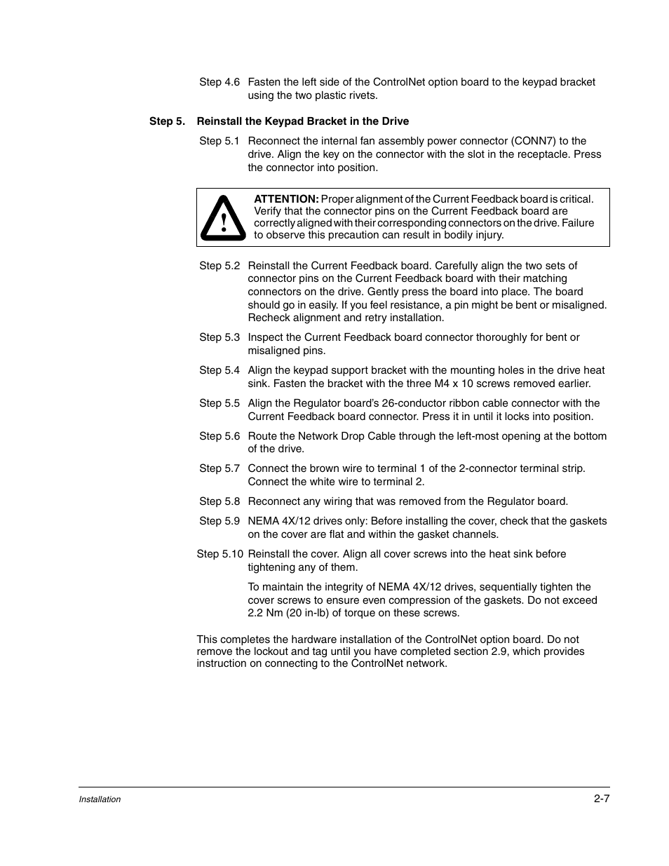 Step 5. reinstall the keypad bracket in the drive | Rockwell Automation GV3000/SE AC Drive ControlNet Network Communication Board, M/N 2CN3000 User Manual | Page 19 / 108