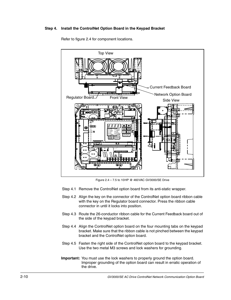 Refer to figure 2.4 for component locations, Side view | Rockwell Automation GV3000/SE AC Drive ControlNet Network Communication Board, M/N 2CN3000 User Manual | Page 22 / 108