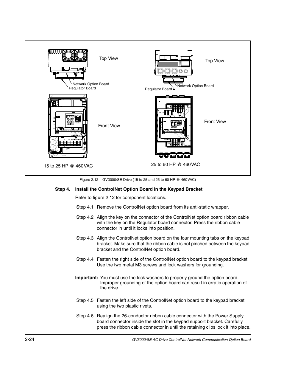 Network option board, Refer to figure 2.12 for component locations | Rockwell Automation GV3000/SE AC Drive ControlNet Network Communication Board, M/N 2CN3000 User Manual | Page 36 / 108