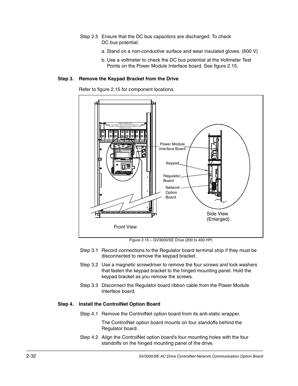 Step 3. remove the keypad bracket from the drive, Refer to figure 2.15 for component locations, Network option board | Figure 2.15 - gv3000/se drive (200 to 400 hp), Step 4. install the controlnet option board, Side view (enlarged) front view | Rockwell Automation GV3000/SE AC Drive ControlNet Network Communication Board, M/N 2CN3000 User Manual | Page 44 / 108