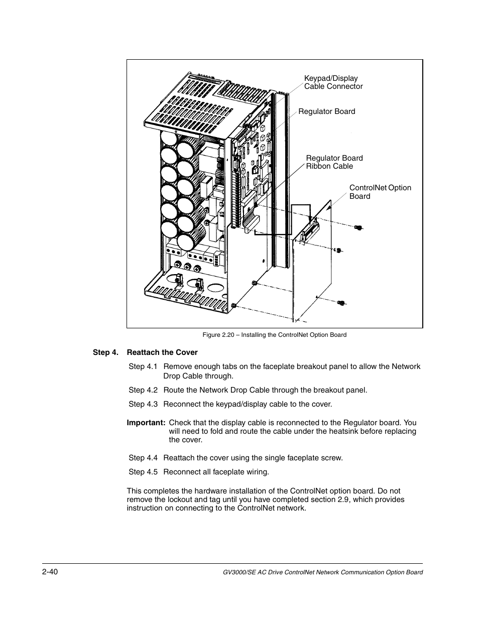 Step 4. reattach the cover, Step 4.5 reconnect all faceplate wiring | Rockwell Automation GV3000/SE AC Drive ControlNet Network Communication Board, M/N 2CN3000 User Manual | Page 52 / 108