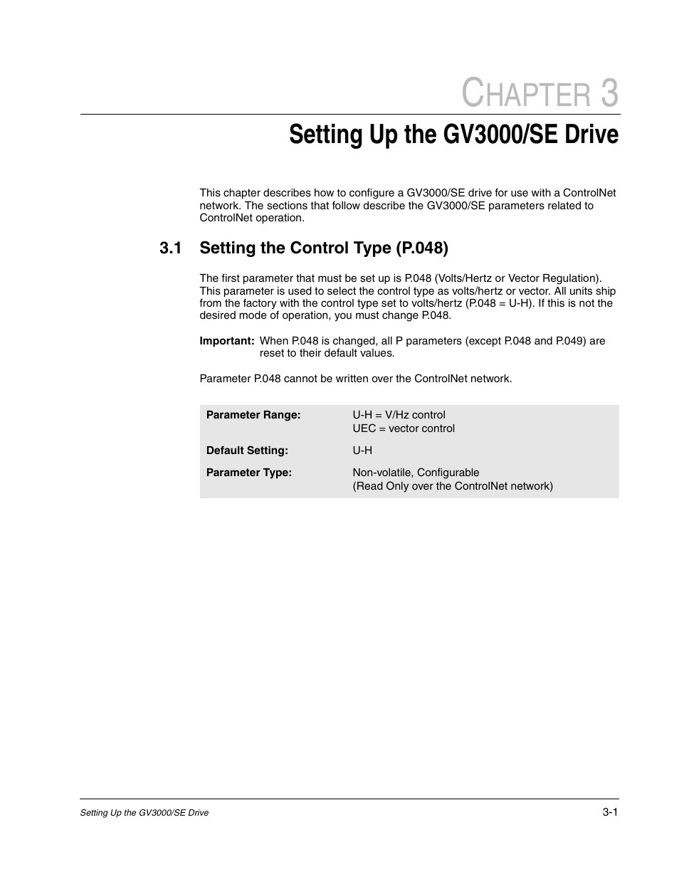 Chapter 3 setting up the gv3000/se drive, 1 setting the control type (p.048), Hapter | Setting up the gv3000/se drive | Rockwell Automation GV3000/SE AC Drive ControlNet Network Communication Board, M/N 2CN3000 User Manual | Page 55 / 108