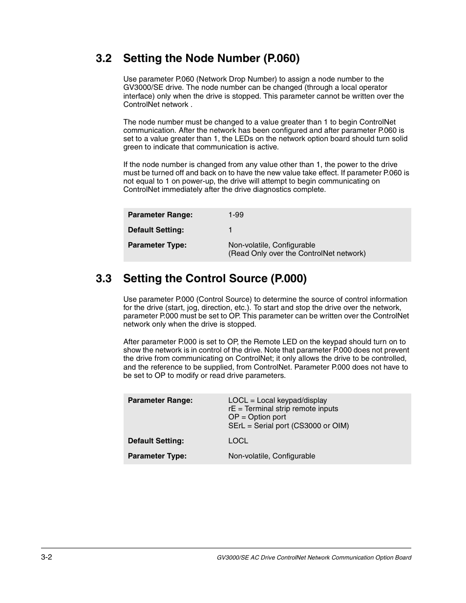 2 setting the node number (p.060), 3 setting the control source (p.000) | Rockwell Automation GV3000/SE AC Drive ControlNet Network Communication Board, M/N 2CN3000 User Manual | Page 56 / 108