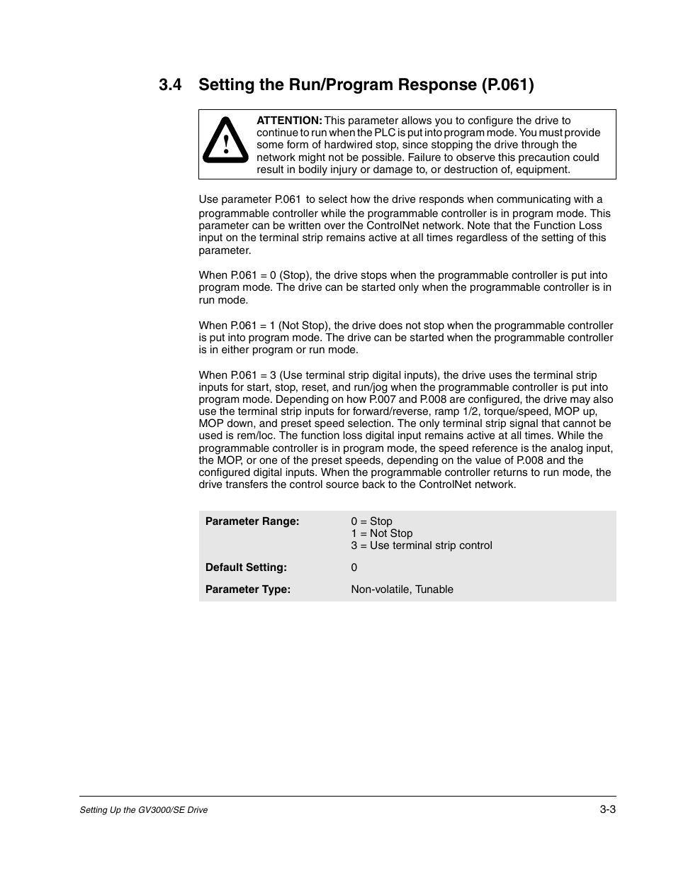 4 setting the run/program response (p.061) | Rockwell Automation GV3000/SE AC Drive ControlNet Network Communication Board, M/N 2CN3000 User Manual | Page 57 / 108