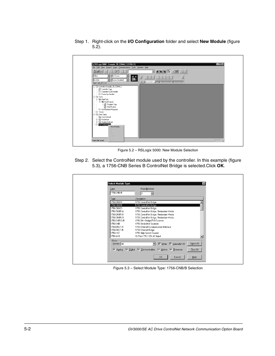 Figure 5.2 - rslogix 5000: new module selection | Rockwell Automation GV3000/SE AC Drive ControlNet Network Communication Board, M/N 2CN3000 User Manual | Page 74 / 108