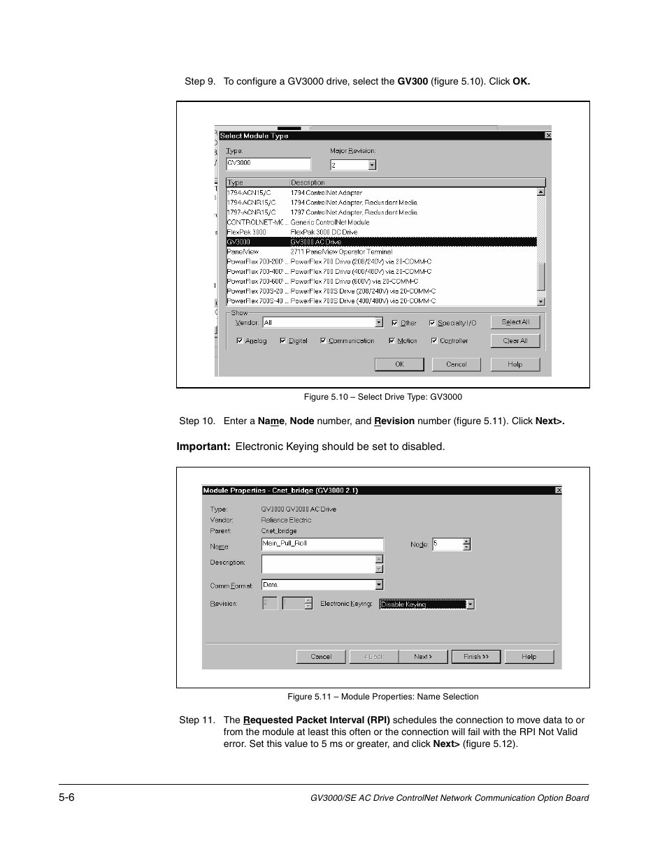 Figure 5.10 - select drive type: gv3000, Figure 5.11 - module properties: name selection | Rockwell Automation GV3000/SE AC Drive ControlNet Network Communication Board, M/N 2CN3000 User Manual | Page 78 / 108