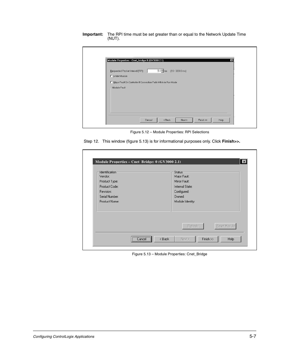 Figure 5.12 - module properties: rpi selections, Figure 5.13 - module properties: cnet_bridge | Rockwell Automation GV3000/SE AC Drive ControlNet Network Communication Board, M/N 2CN3000 User Manual | Page 79 / 108