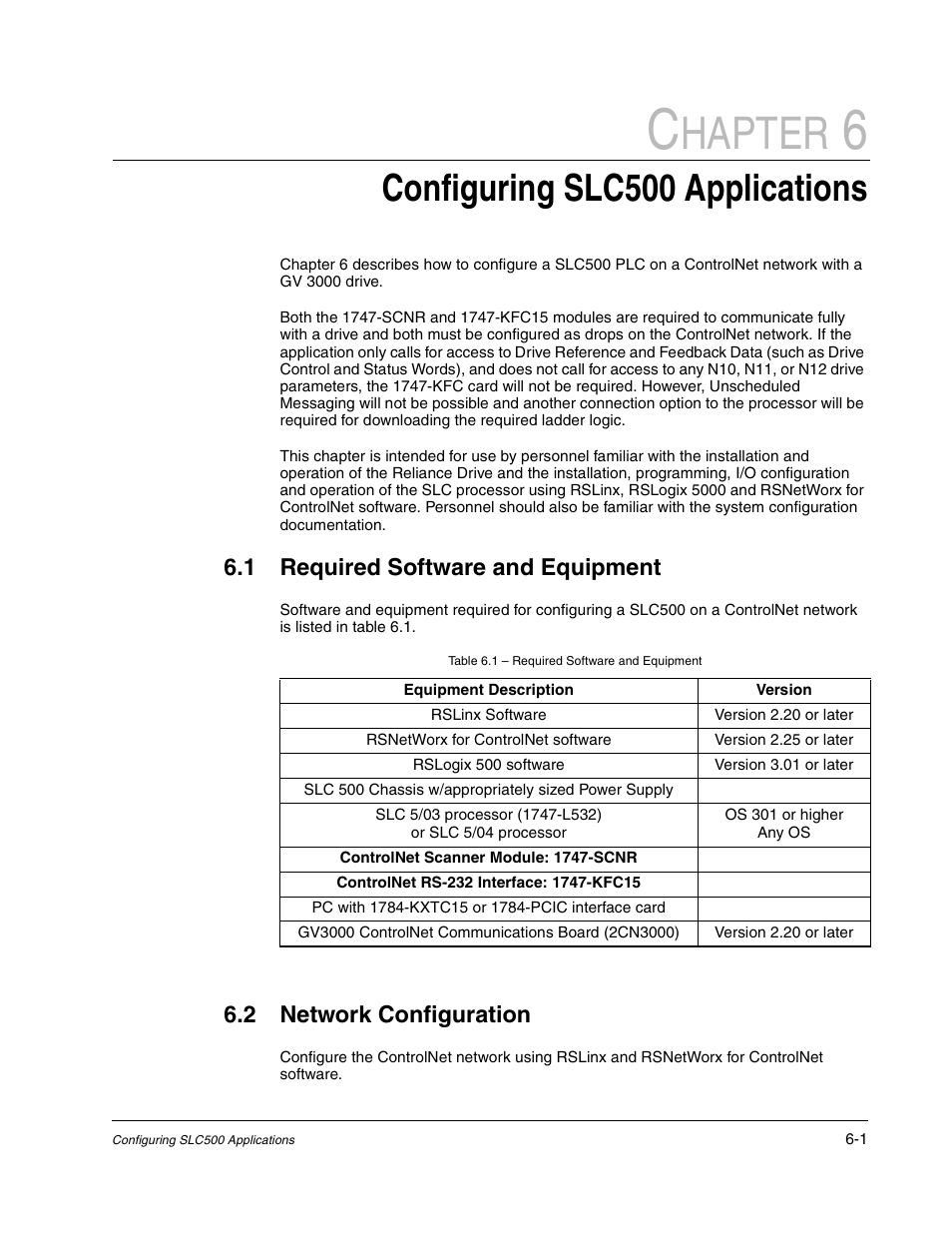 Chapter 6 configuring slc500 applications, 1 required software and equipment, Table 6.1 - required software and equipment | Rslinx software, Rsnetworx for controlnet software, Rslogix 500 software, Slc 500 chassis w/appropriately sized power supply, Slc 5/03 processor (1747-l532), Or slc 5/04 processor, Controlnet scanner module: 1747-scnr | Rockwell Automation GV3000/SE AC Drive ControlNet Network Communication Board, M/N 2CN3000 User Manual | Page 83 / 108