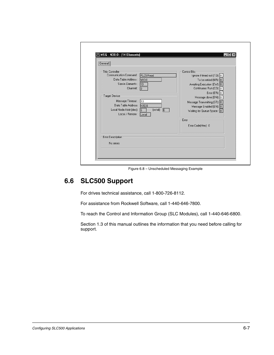 Figure 6.8 - unscheduled messaging example, 6 slc500 support | Rockwell Automation GV3000/SE AC Drive ControlNet Network Communication Board, M/N 2CN3000 User Manual | Page 89 / 108