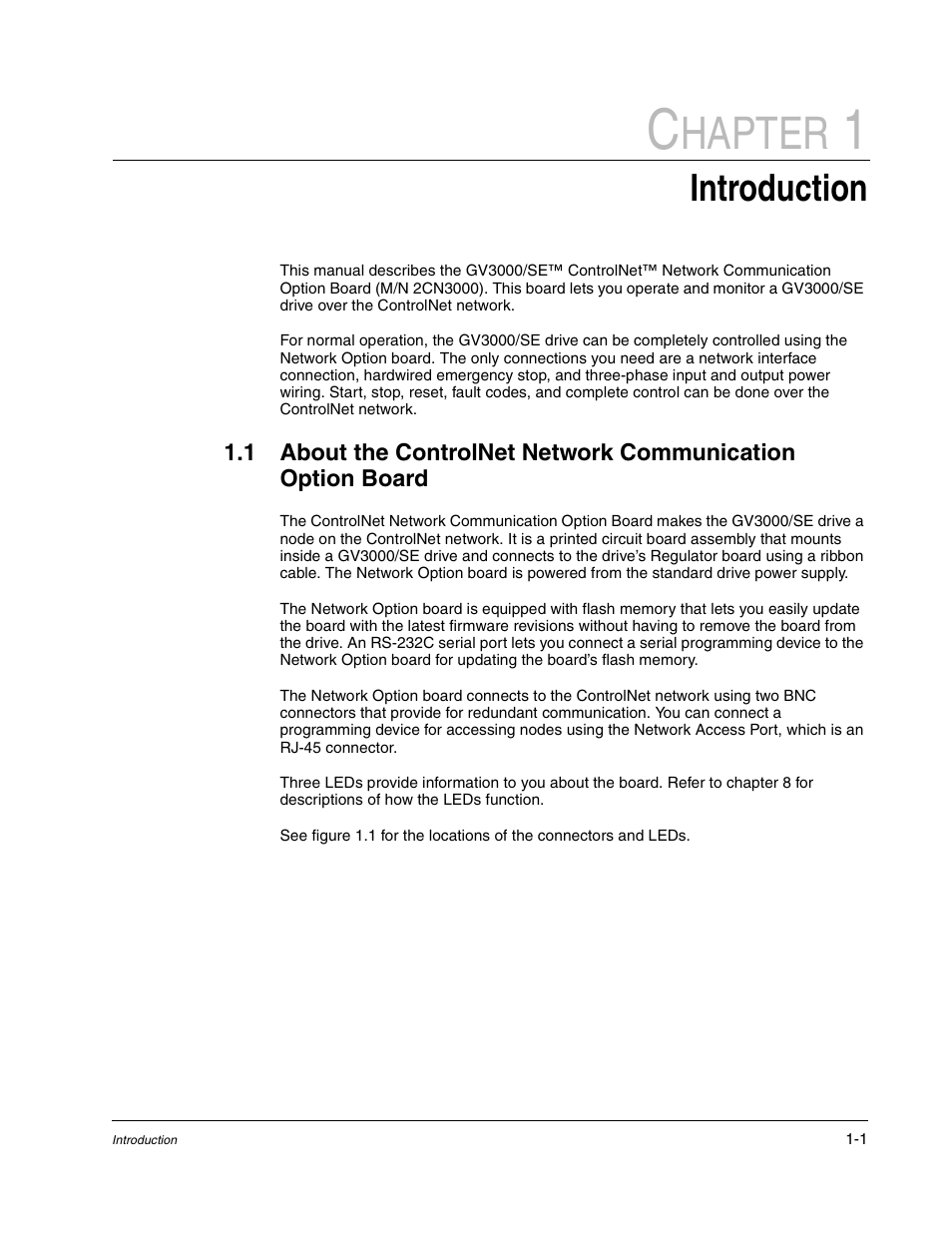 Chapter 1 introduction, Hapter, Introduction | Rockwell Automation GV3000/SE AC Drive ControlNet Network Communication Board, M/N 2CN3000 User Manual | Page 9 / 108