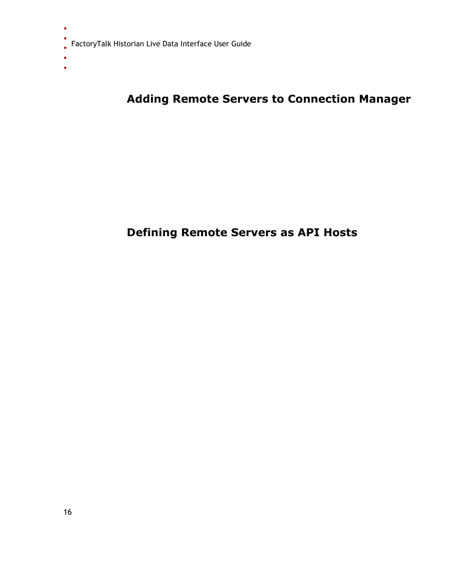 Adding remote servers to connection manager, Defining remote servers as api hosts | Rockwell Automation FactoryTalk Historian SE 3.0 Live Data Interface User Guide User Manual | Page 22 / 62