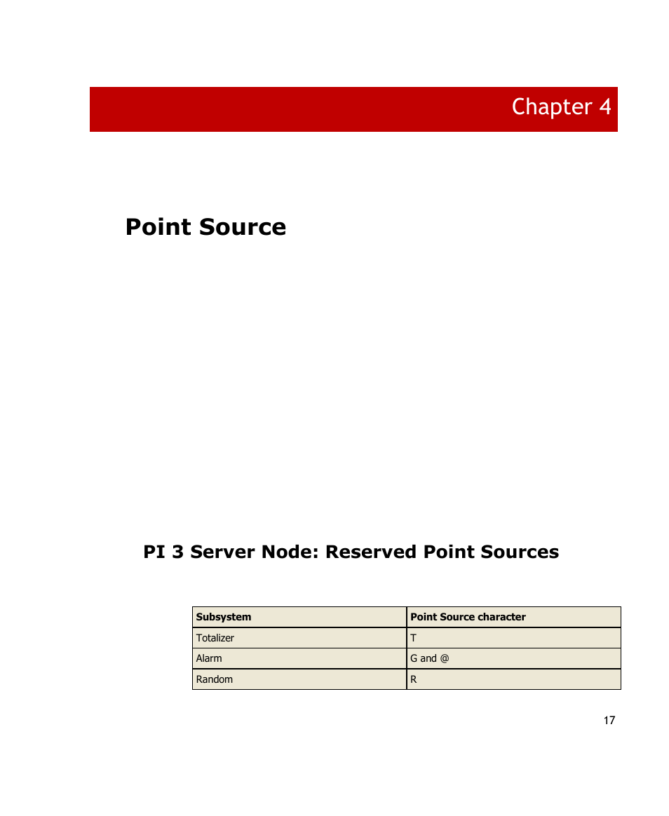 Point source, Pi 3 server node: reserved point sources, Chapter 4 | Rockwell Automation FactoryTalk Historian SE 3.0 Live Data Interface User Guide User Manual | Page 23 / 62