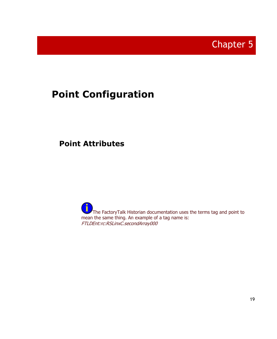 Point configuration, Point attributes, Chapter 5 | Rockwell Automation FactoryTalk Historian SE 3.0 Live Data Interface User Guide User Manual | Page 25 / 62