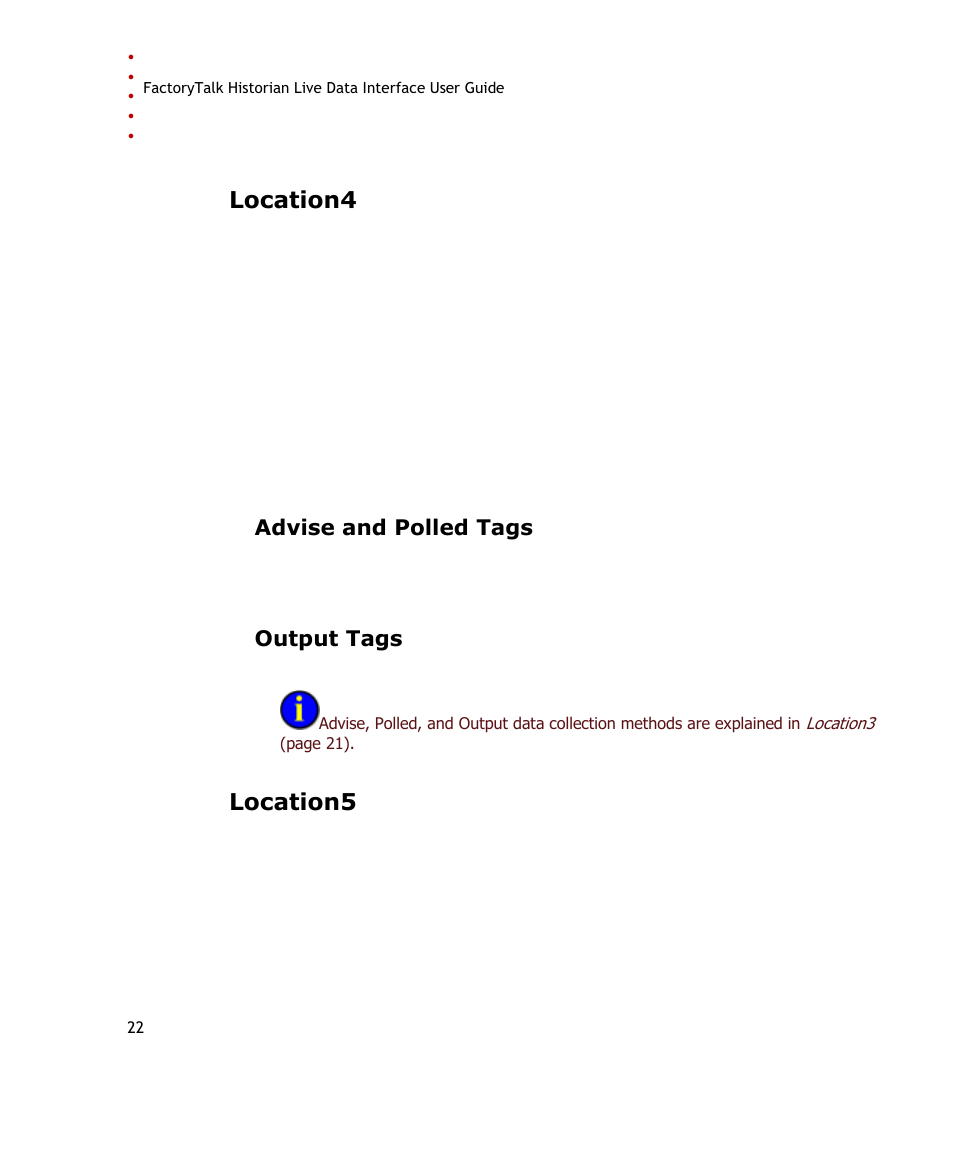 Location4, Advise and polled tags, Output tags | Location5 | Rockwell Automation FactoryTalk Historian SE 3.0 Live Data Interface User Guide User Manual | Page 28 / 62