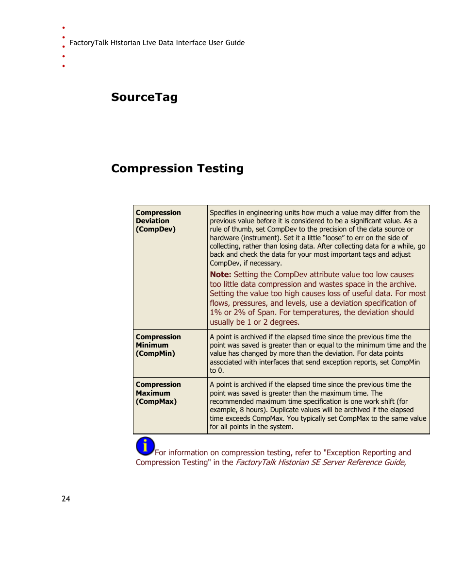 Sourcetag, Compression testing | Rockwell Automation FactoryTalk Historian SE 3.0 Live Data Interface User Guide User Manual | Page 30 / 62