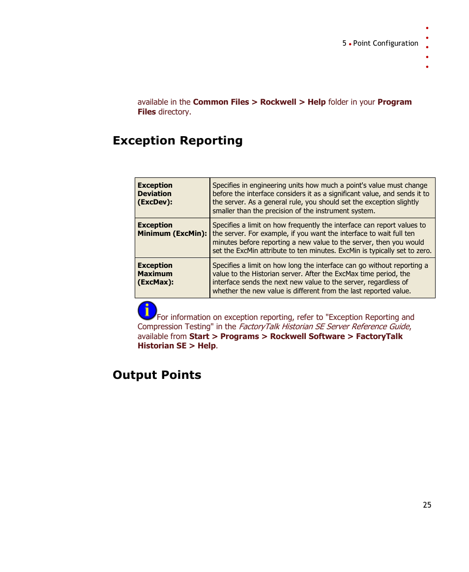 Exception reporting, Output points | Rockwell Automation FactoryTalk Historian SE 3.0 Live Data Interface User Guide User Manual | Page 31 / 62