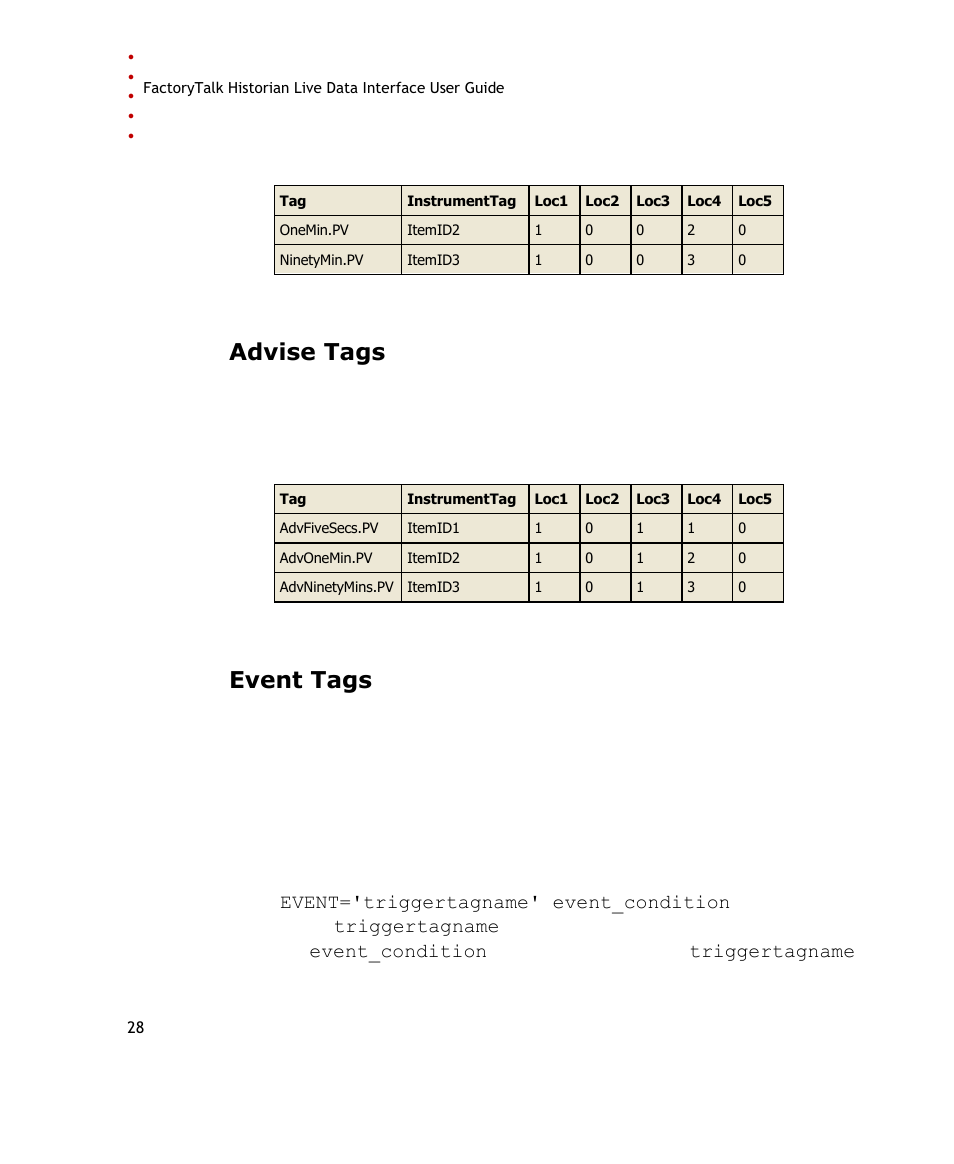 Advise tags, Event tags, E 28) | Rockwell Automation FactoryTalk Historian SE 3.0 Live Data Interface User Guide User Manual | Page 34 / 62