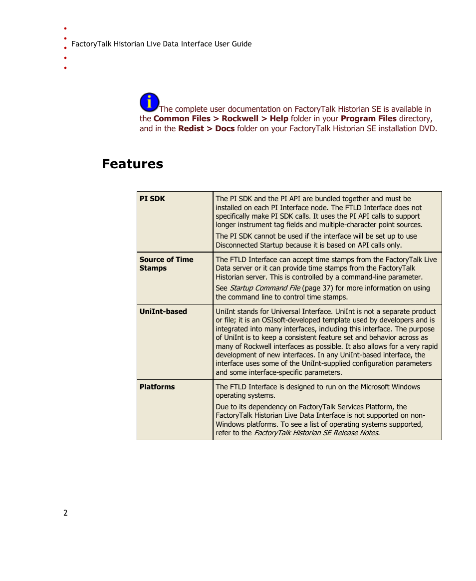 Features, The features of the ftld interface include | Rockwell Automation FactoryTalk Historian SE 3.0 Live Data Interface User Guide User Manual | Page 8 / 62