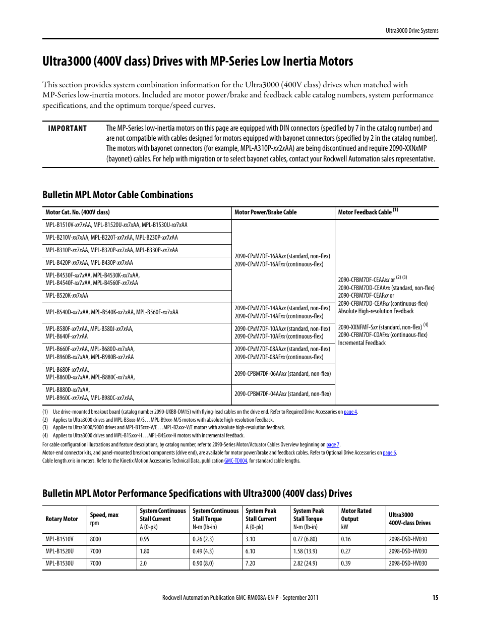 Ultra3000 (400v class) with mpl, Bulletin mpl motor cable combinations | Rockwell Automation 2098-DSD-xxx Ultra3000 Drive Systems Design Guide User Manual | Page 15 / 78