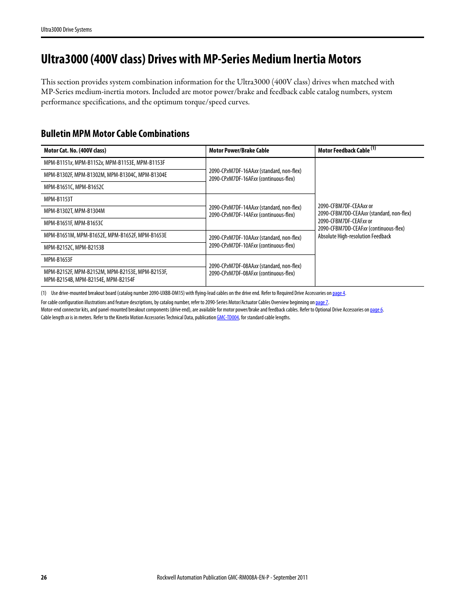 Ultra3000 (400v class) with mpm, Bulletin mpm motor cable combinations | Rockwell Automation 2098-DSD-xxx Ultra3000 Drive Systems Design Guide User Manual | Page 26 / 78