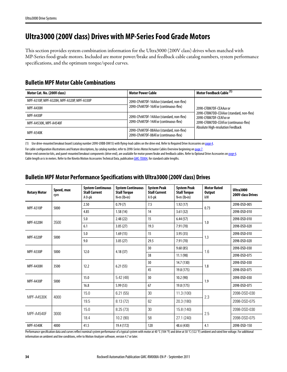 Ultra3000 (200v class) with mpf, Bulletin mpf motor cable combinations | Rockwell Automation 2098-DSD-xxx Ultra3000 Drive Systems Design Guide User Manual | Page 34 / 78