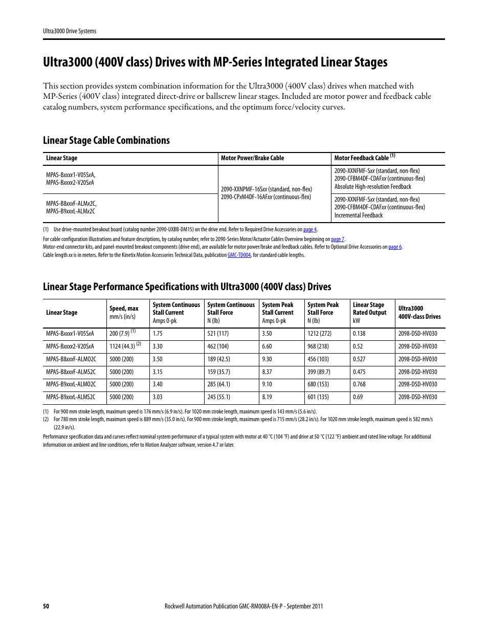 Ultra3000 (400v class) with mpas, Linear stage cable combinations | Rockwell Automation 2098-DSD-xxx Ultra3000 Drive Systems Design Guide User Manual | Page 50 / 78