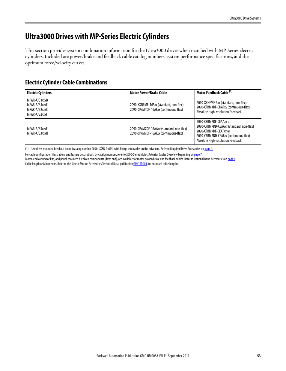 Ultra3000 drives with mpar, Electric cylinder cable combinations, Ultra3000 drives with mp-series electric cylinders | Rockwell Automation 2098-DSD-xxx Ultra3000 Drive Systems Design Guide User Manual | Page 53 / 78