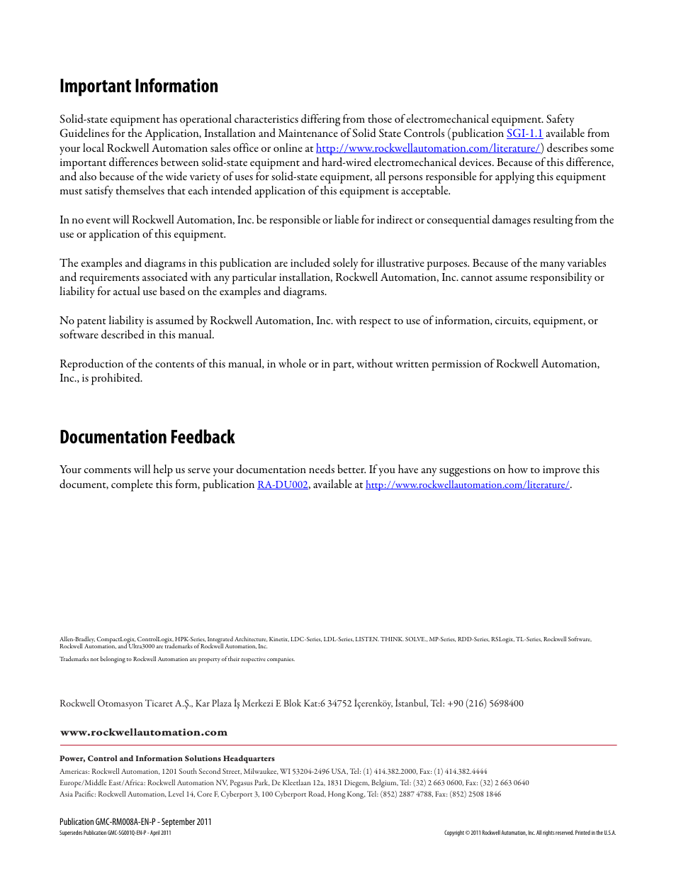 Back cover, Important information, Documentation feedback | Rockwell Automation 2098-DSD-xxx Ultra3000 Drive Systems Design Guide User Manual | Page 78 / 78