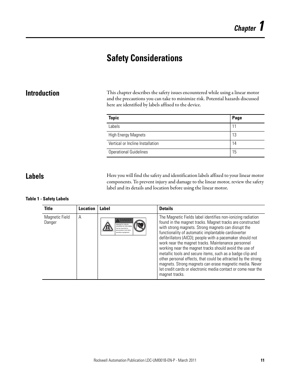 Chapter 1, Safety considerations, Introduction | Labels, Introduction labels, Chapter | Rockwell Automation LDC Iron Core Linear Servo Motors User Manual | Page 11 / 98