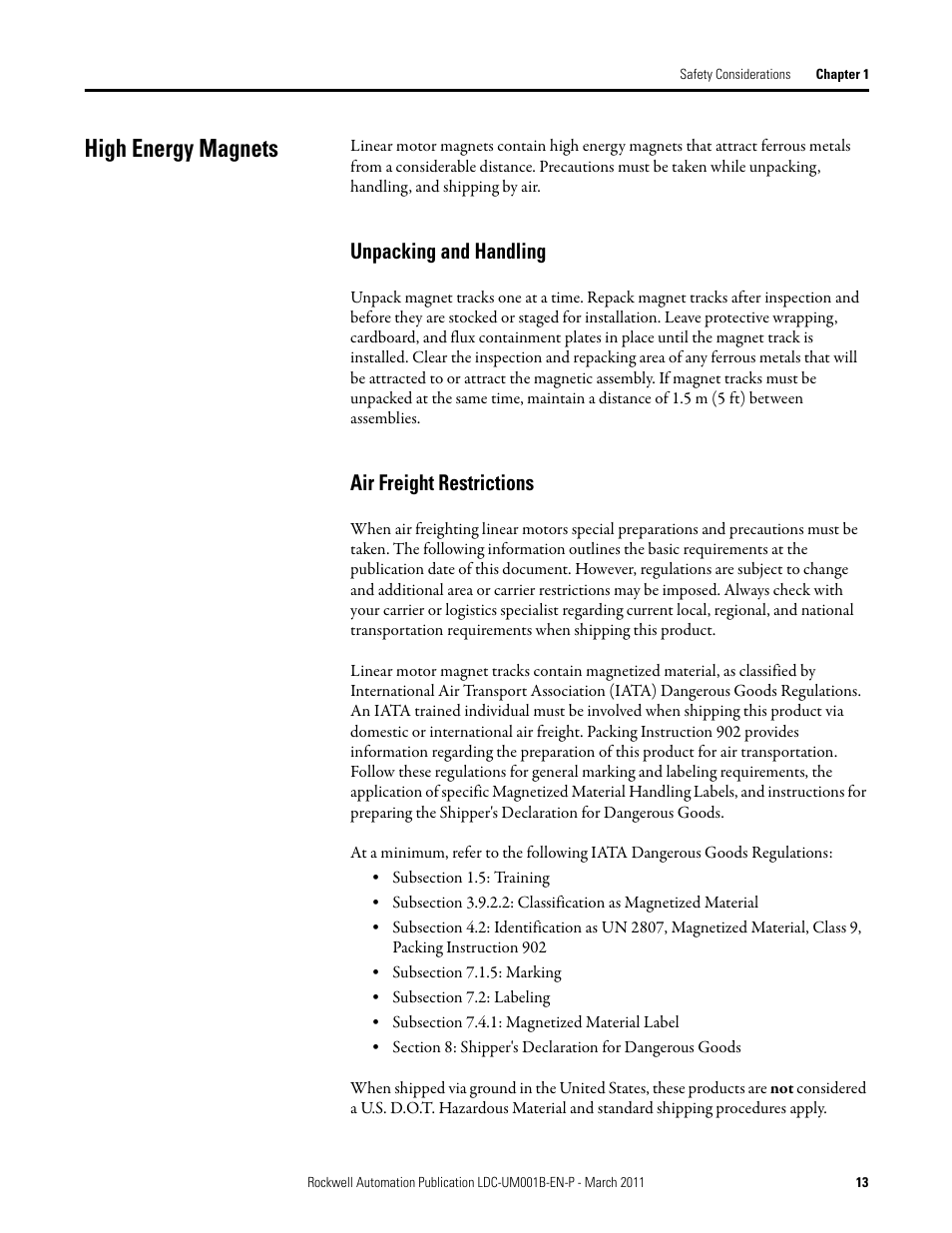 High energy magnets, Unpacking and handling, Air freight restrictions | Unpacking and handling air freight restrictions | Rockwell Automation LDC Iron Core Linear Servo Motors User Manual | Page 13 / 98