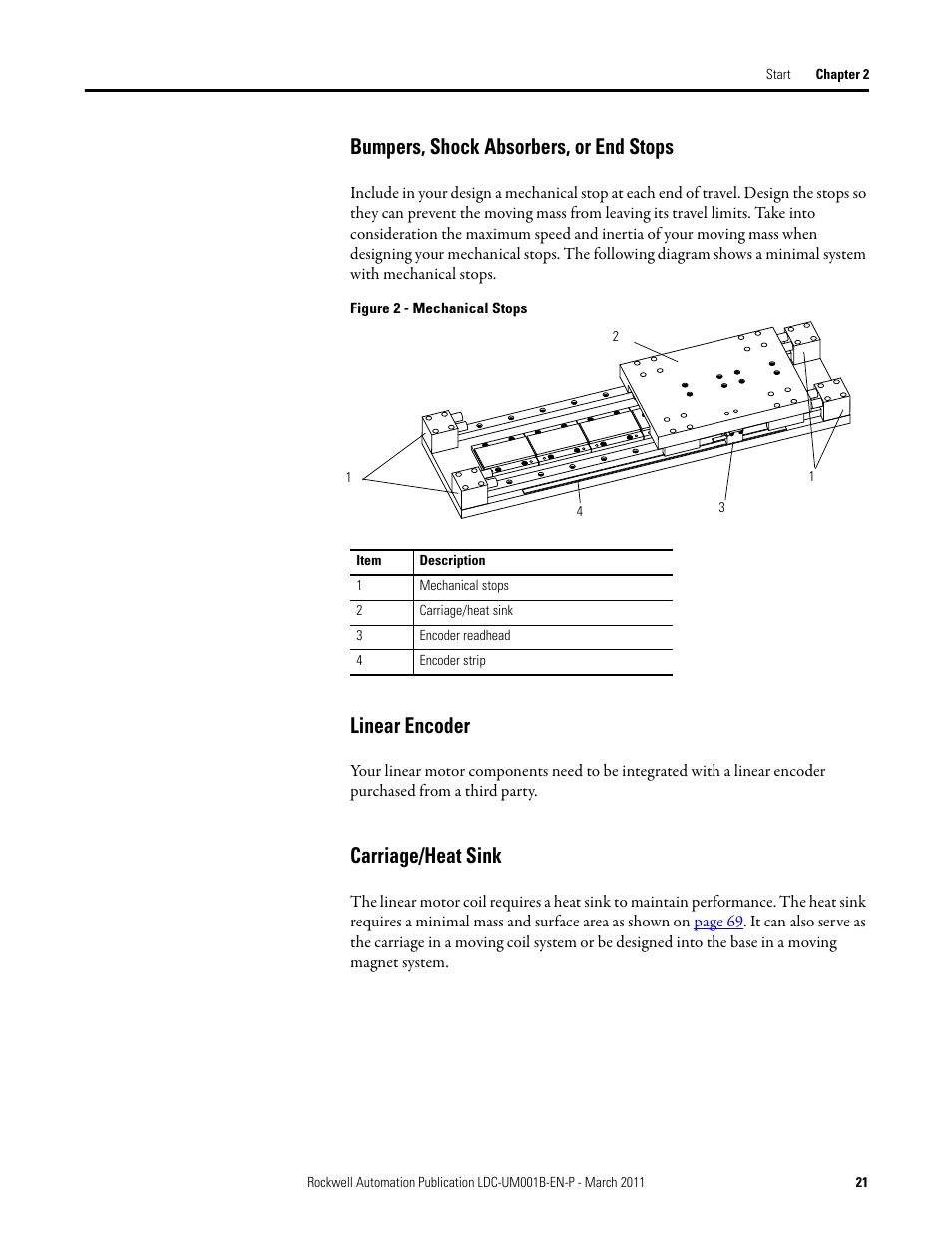 Bumpers, shock absorbers, or end stops, Linear encoder, Carriage/heat sink | Rockwell Automation LDC Iron Core Linear Servo Motors User Manual | Page 21 / 98
