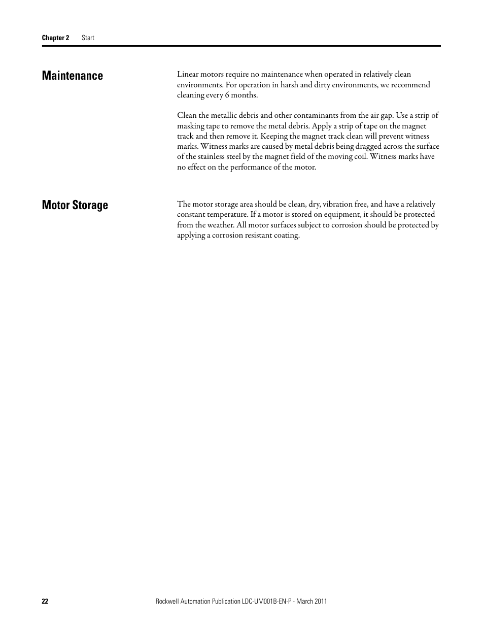 Maintenance, Motor storage, Maintenance motor storage | Rockwell Automation LDC Iron Core Linear Servo Motors User Manual | Page 22 / 98
