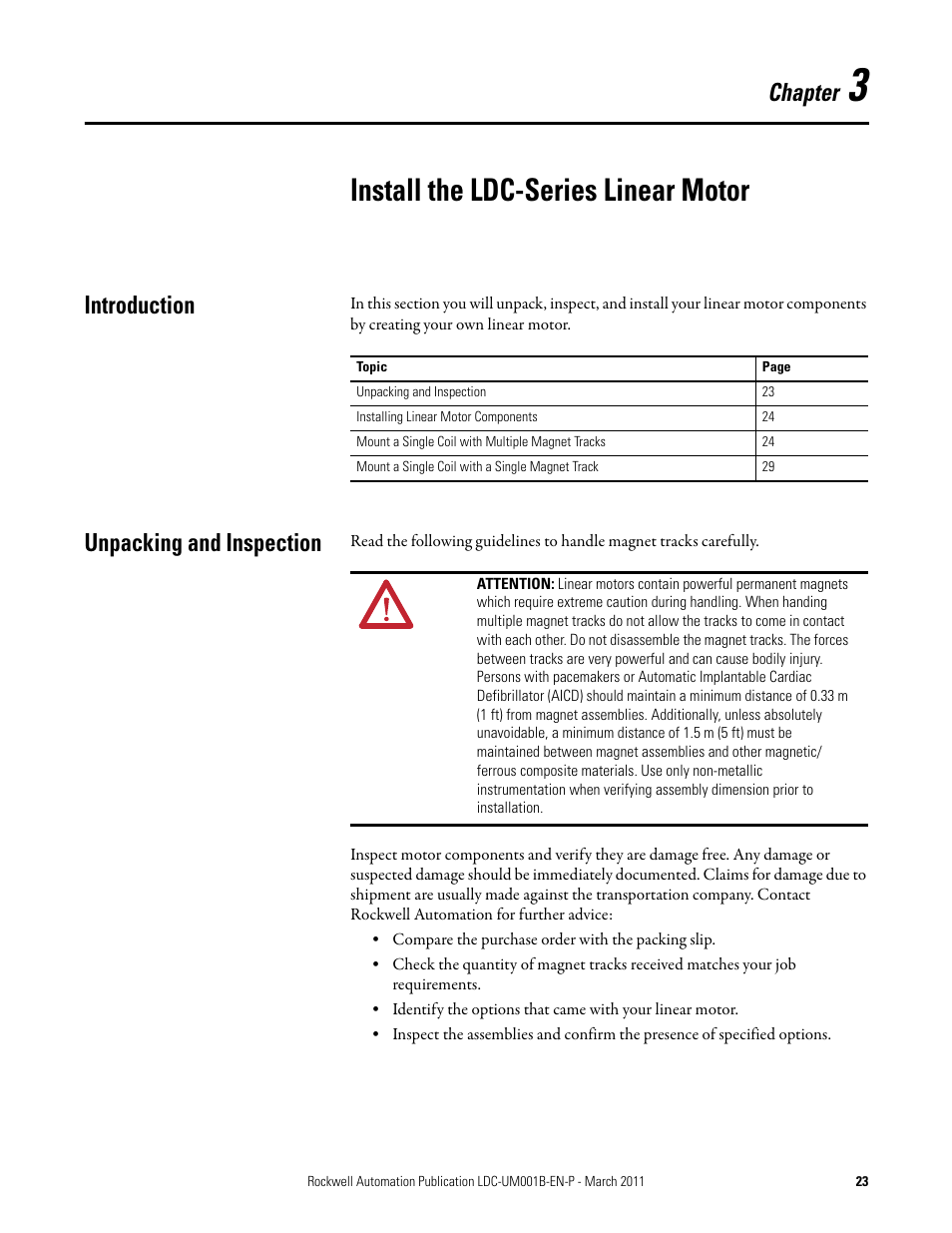 Chapter 3, Install the ldc-series linear motor, Introduction | Unpacking and inspection, Introduction unpacking and inspection, Chapter | Rockwell Automation LDC Iron Core Linear Servo Motors User Manual | Page 23 / 98