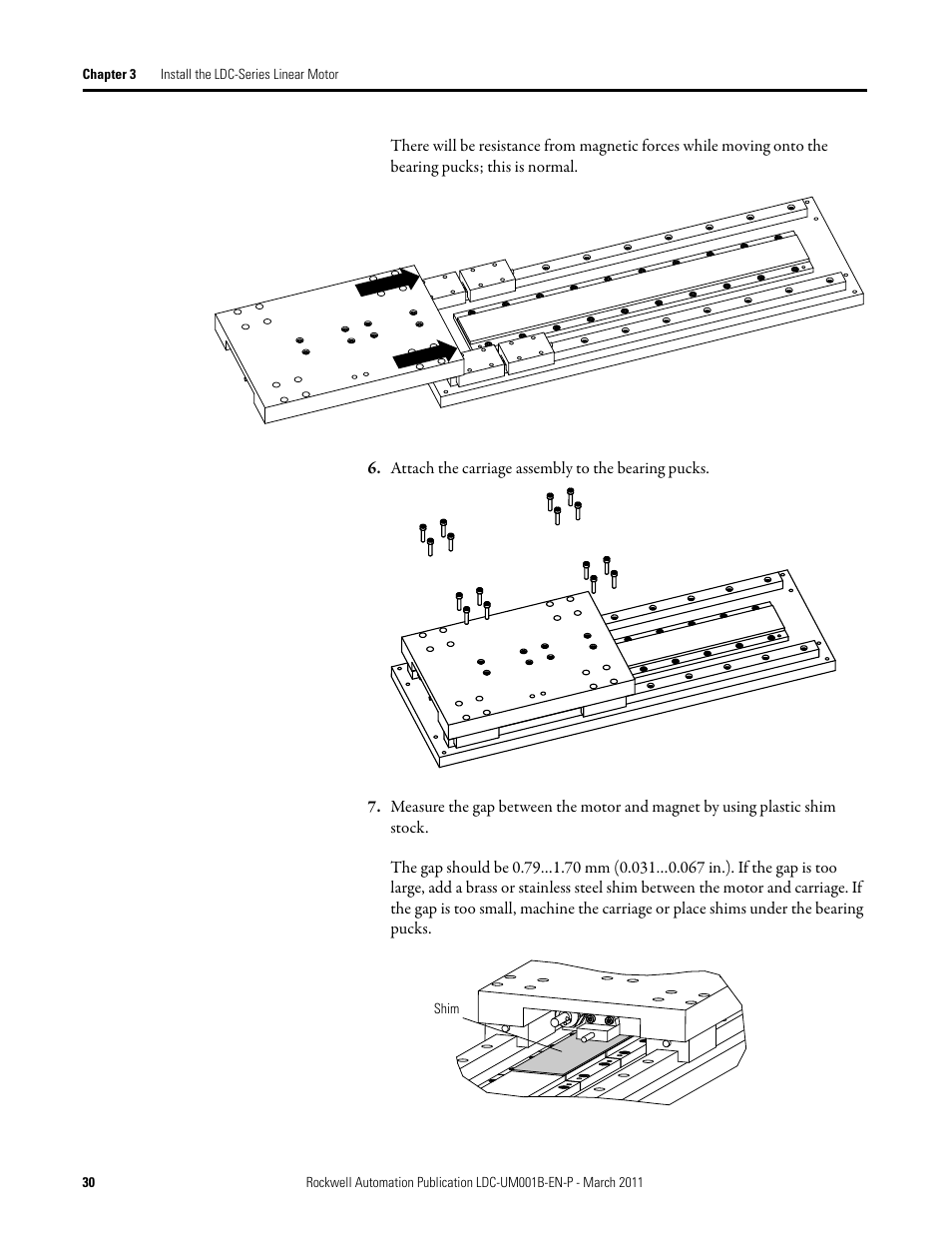 Attach the carriage assembly to the bearing pucks | Rockwell Automation LDC Iron Core Linear Servo Motors User Manual | Page 30 / 98