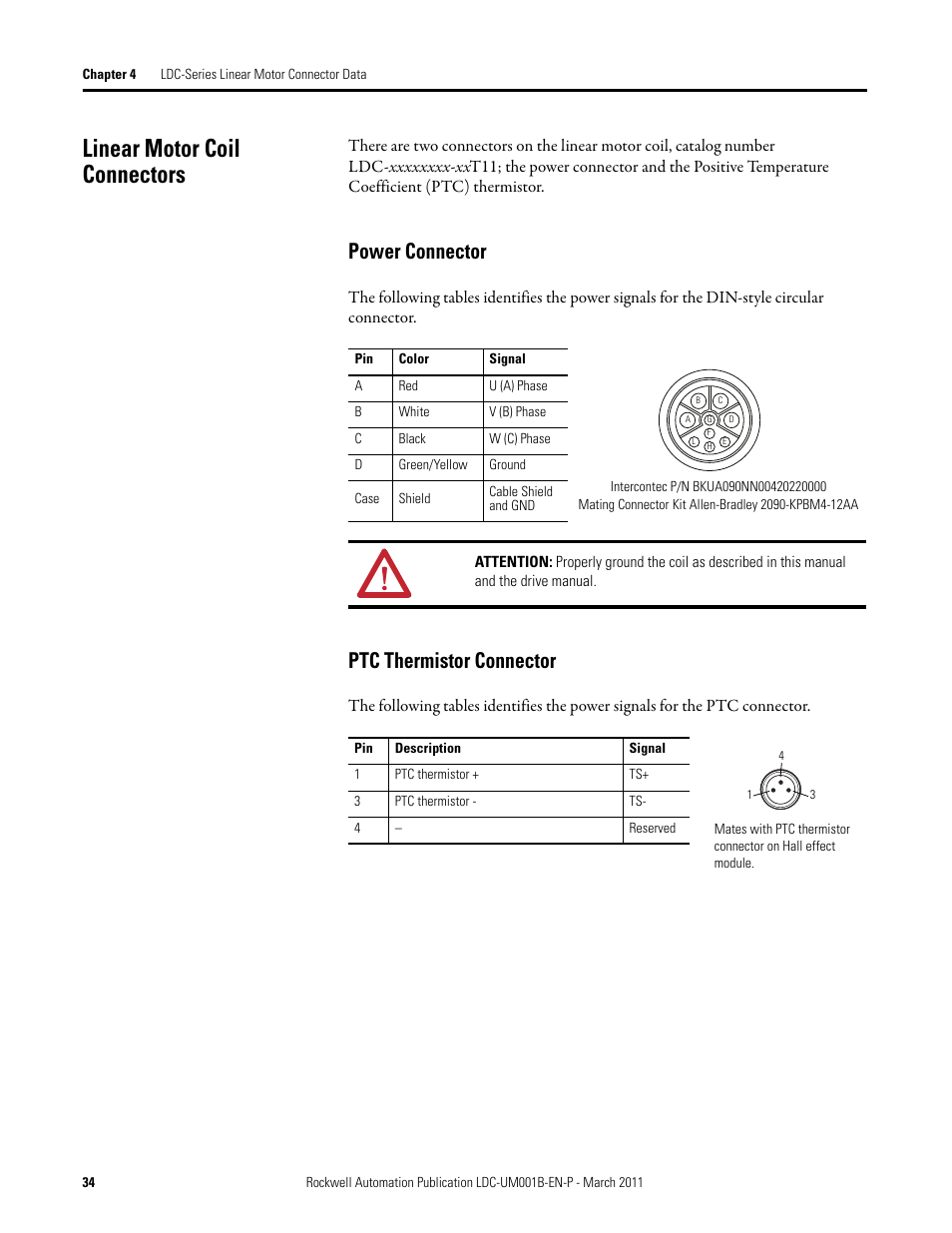 Linear motor coil connectors, Power connector, Ptc thermistor connector | Power connector ptc thermistor connector | Rockwell Automation LDC Iron Core Linear Servo Motors User Manual | Page 34 / 98