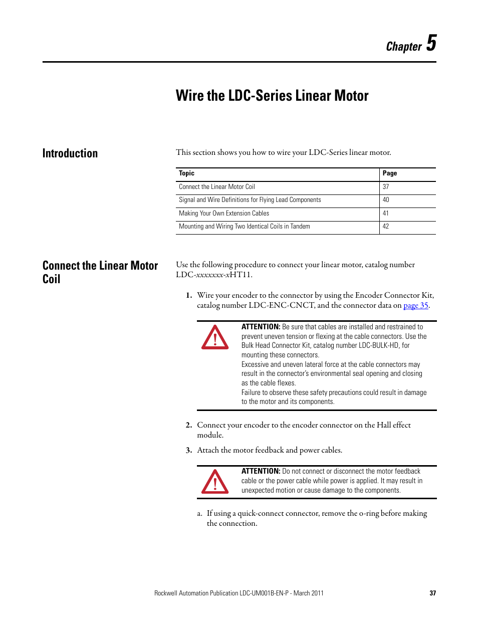 Chapter 5, Wire the ldc-series linear motor, Introduction | Connect the linear motor coil, Attach the motor feedback and power cables, Chapter | Rockwell Automation LDC Iron Core Linear Servo Motors User Manual | Page 37 / 98