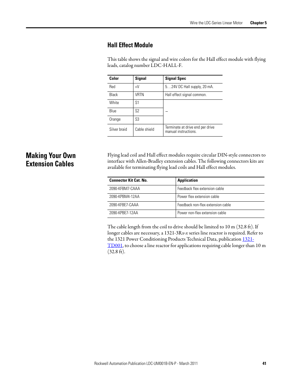 Hall effect module, Making your own extension cables | Rockwell Automation LDC Iron Core Linear Servo Motors User Manual | Page 41 / 98