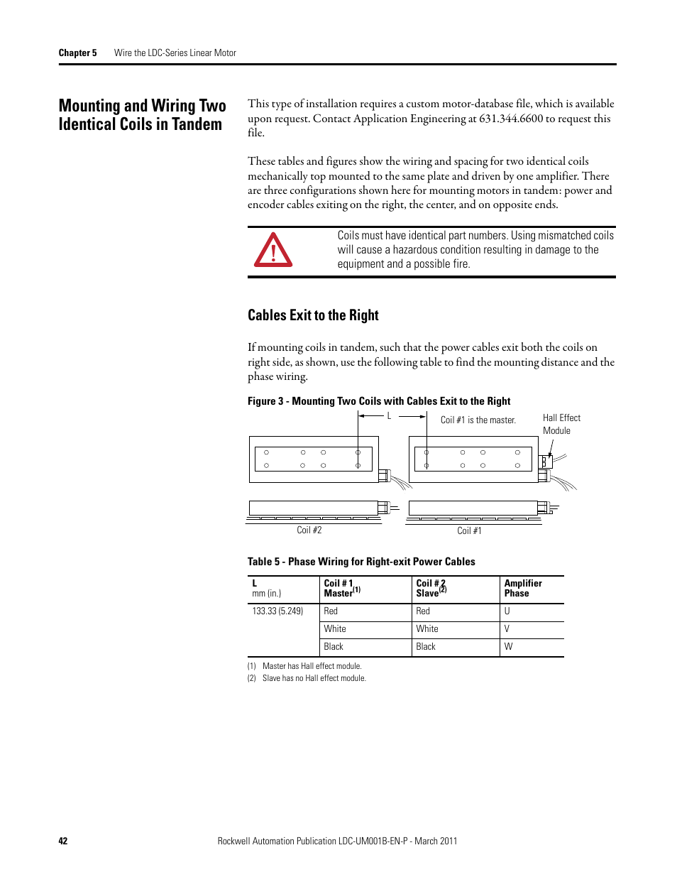 Mounting and wiring two identical coils in tandem, Cables exit to the right | Rockwell Automation LDC Iron Core Linear Servo Motors User Manual | Page 42 / 98