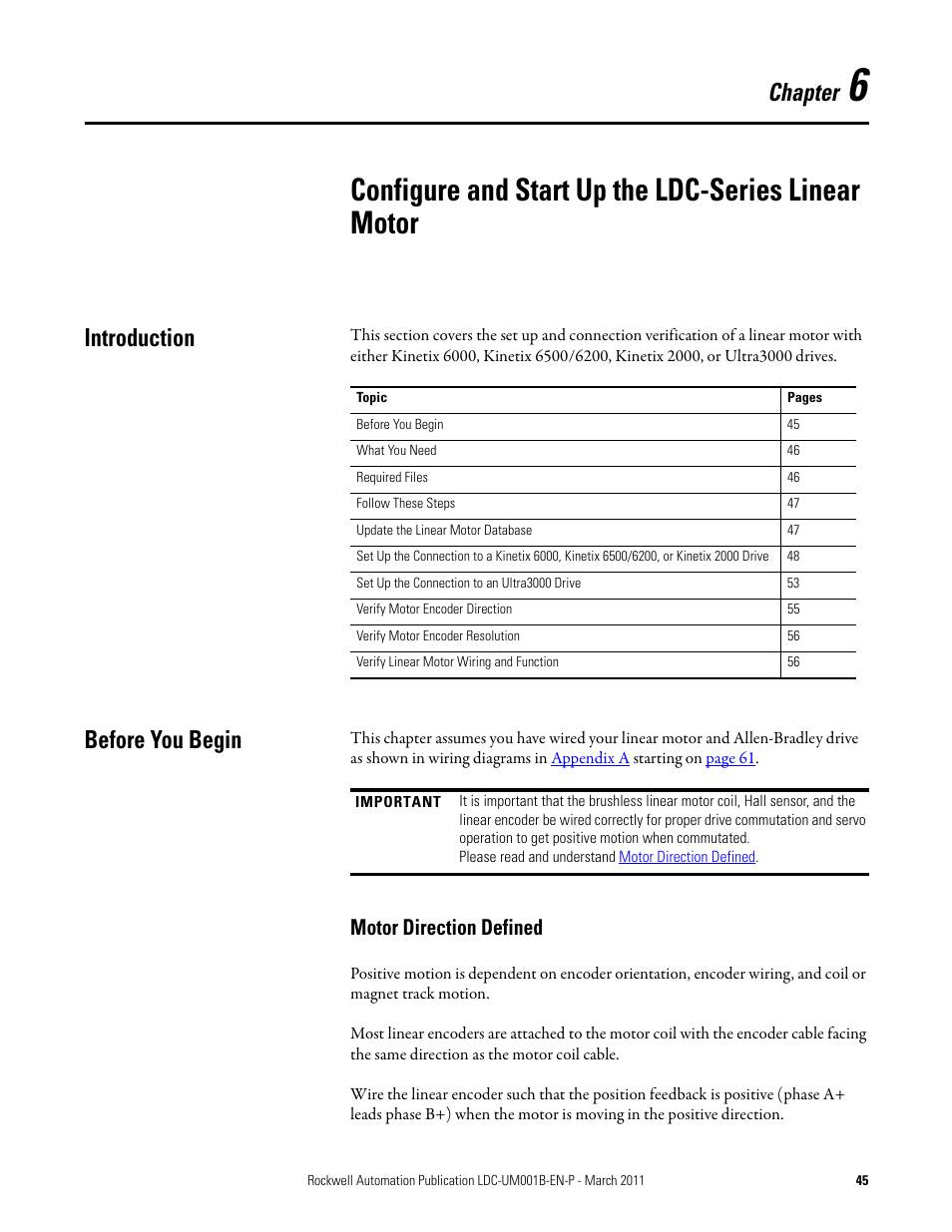 Chapter 6, Configure and start up the ldc-series linear motor, Introduction | Before you begin, Motor direction defined, Introduction before you begin, Chapter | Rockwell Automation LDC Iron Core Linear Servo Motors User Manual | Page 45 / 98