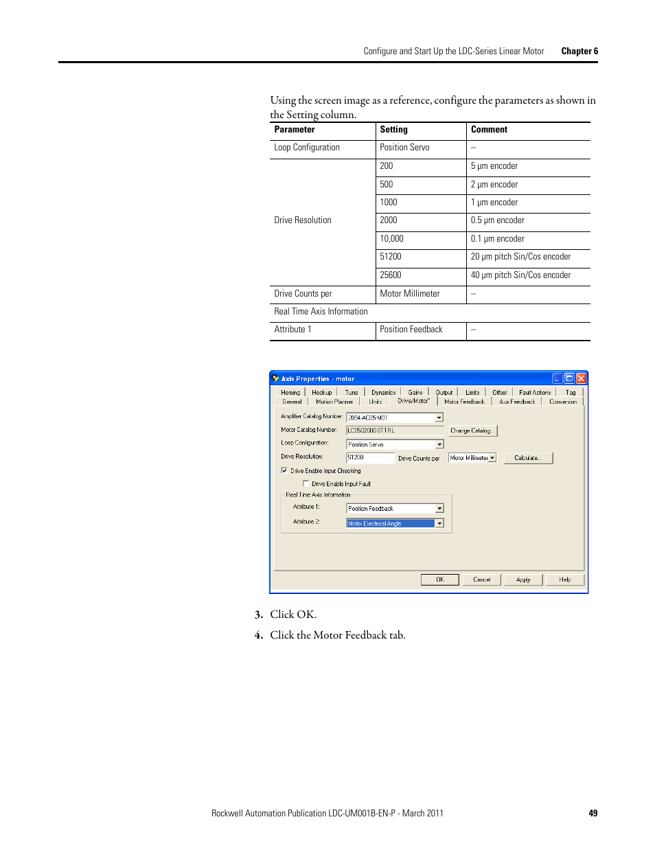 Click ok, Click the motor feedback tab | Rockwell Automation LDC Iron Core Linear Servo Motors User Manual | Page 49 / 98