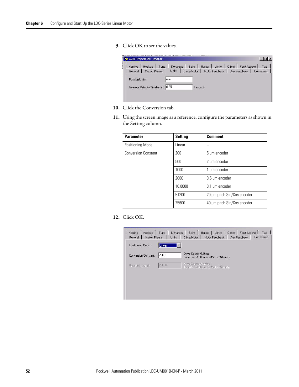 Click ok to set the values, Click the conversion tab, Click ok | Rockwell Automation LDC Iron Core Linear Servo Motors User Manual | Page 52 / 98