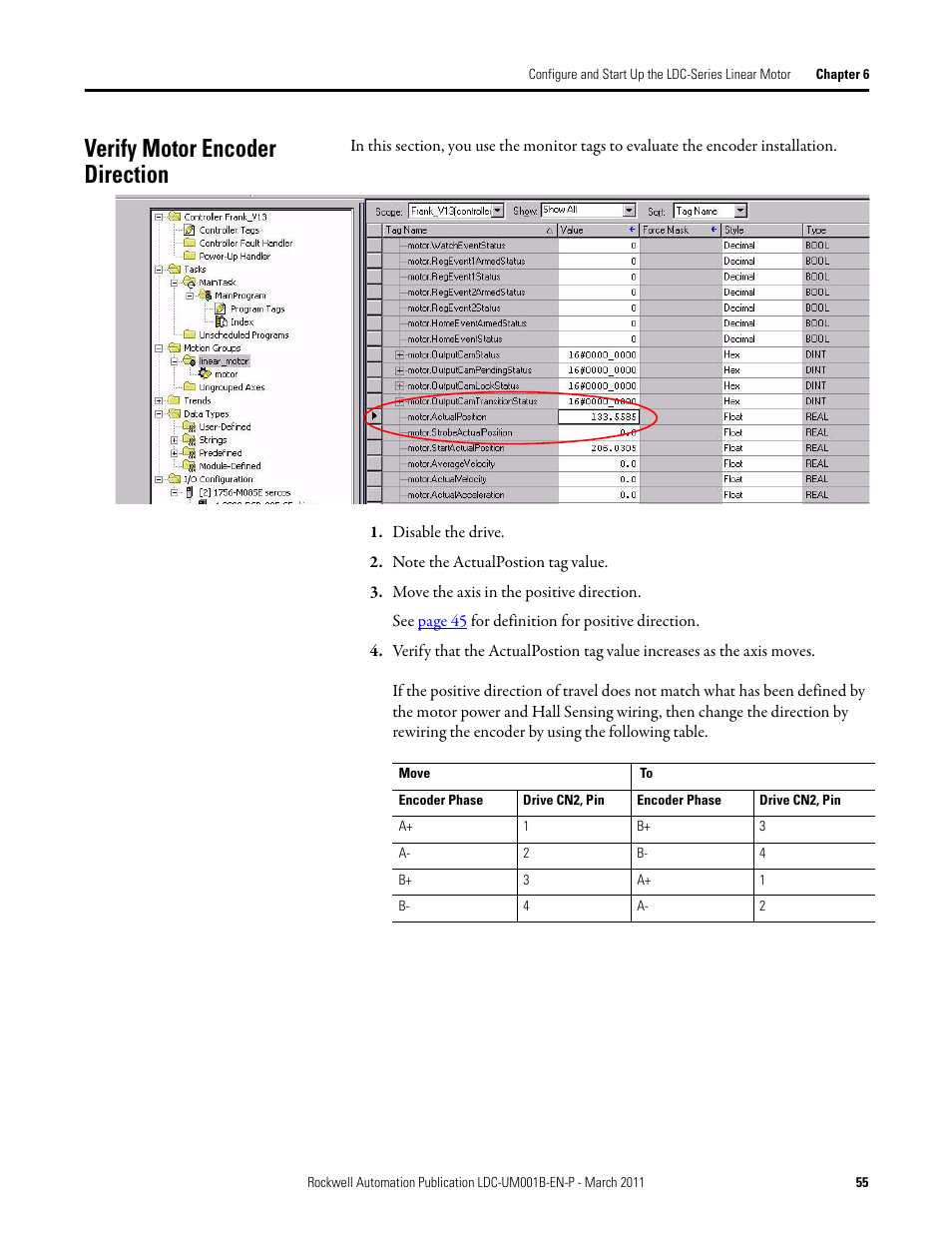 Verify motor encoder direction, Disable the drive, Note the actualpostion tag value | Move the axis in the positive direction | Rockwell Automation LDC Iron Core Linear Servo Motors User Manual | Page 55 / 98