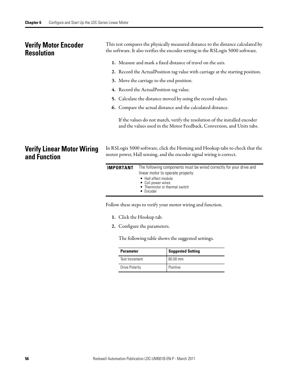 Verify motor encoder resolution, Move the carriage to the end position, Record the actualposition tag value | Verify linear motor wiring and function, Click the hookup tab, Configure the parameters | Rockwell Automation LDC Iron Core Linear Servo Motors User Manual | Page 56 / 98