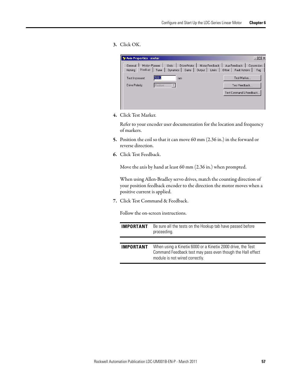 Click ok, Click test marker, Click test feedback | Click test command & feedback | Rockwell Automation LDC Iron Core Linear Servo Motors User Manual | Page 57 / 98