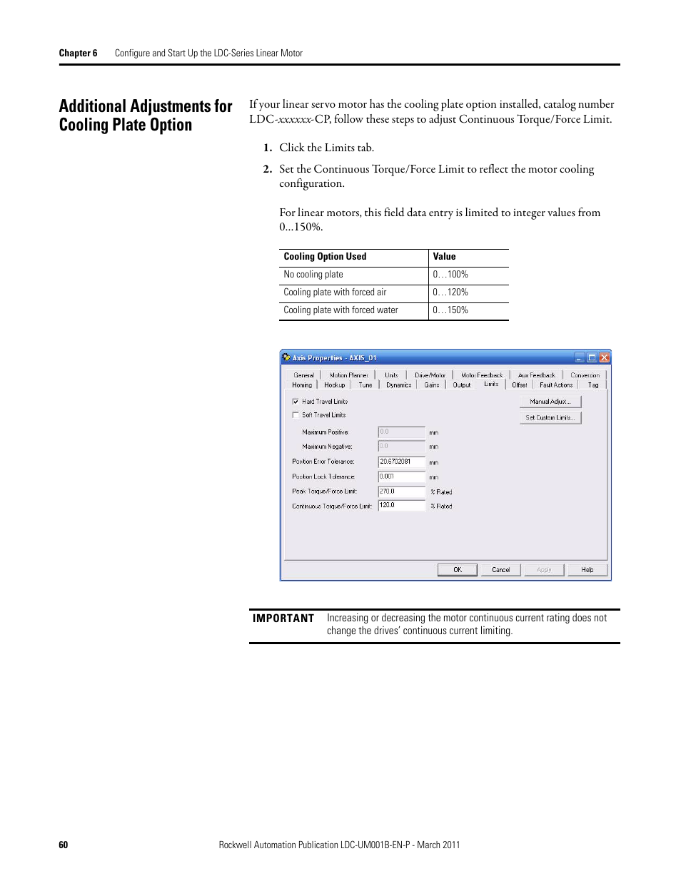 Additional adjustments for cooling plate option, Click the limits tab | Rockwell Automation LDC Iron Core Linear Servo Motors User Manual | Page 60 / 98