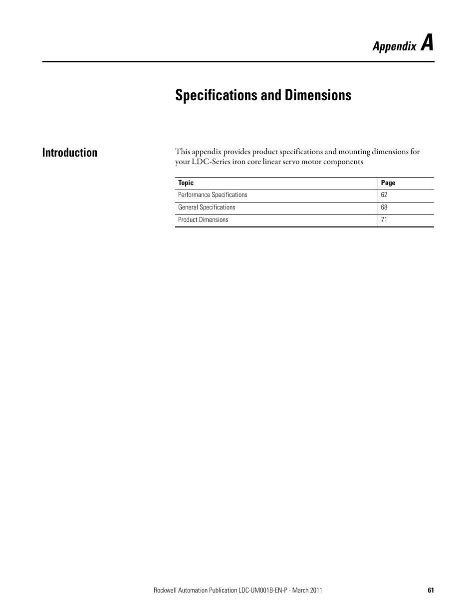 Appendix a, Specifications and dimensions, Introduction | Appendix | Rockwell Automation LDC Iron Core Linear Servo Motors User Manual | Page 61 / 98