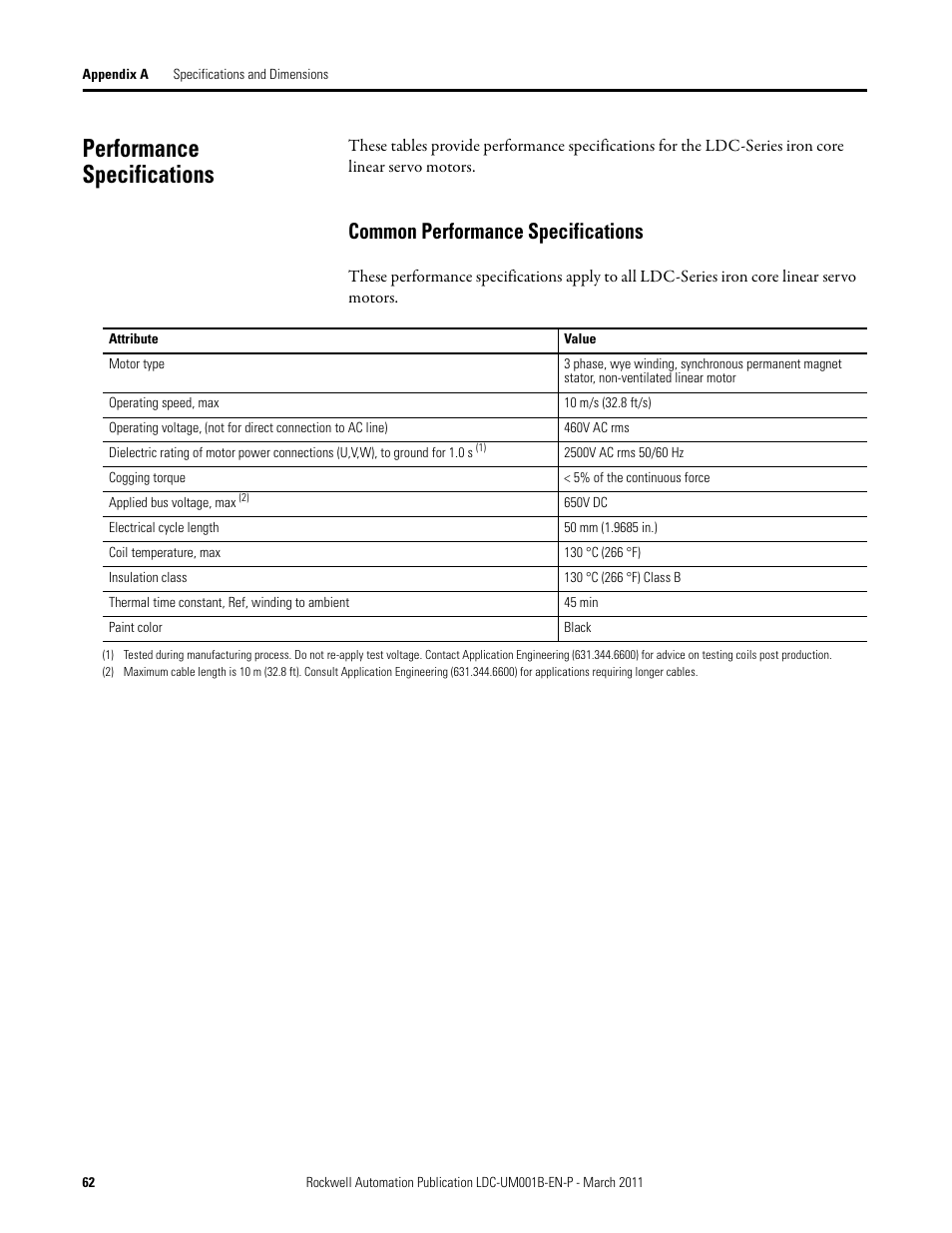 Performance specifications, Common performance specifications | Rockwell Automation LDC Iron Core Linear Servo Motors User Manual | Page 62 / 98