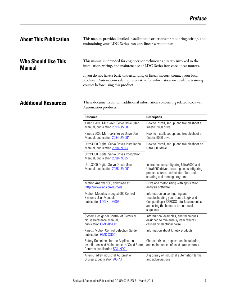 Preface, About this publication, Who should use this manual | Additional resources, Preface about this publication | Rockwell Automation LDC Iron Core Linear Servo Motors User Manual | Page 9 / 98